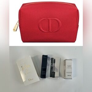 NEW Dior Red Embossed Logo Beauty Pouch Makeup Bag with travel mascara/Perfume